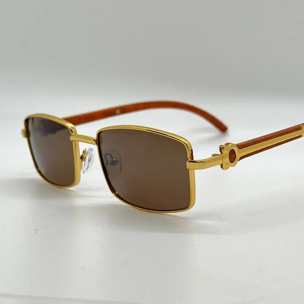 Men Sunglasses Brown Lens Square Retro Classic Trendy‎ Retro Shades Gold Metal